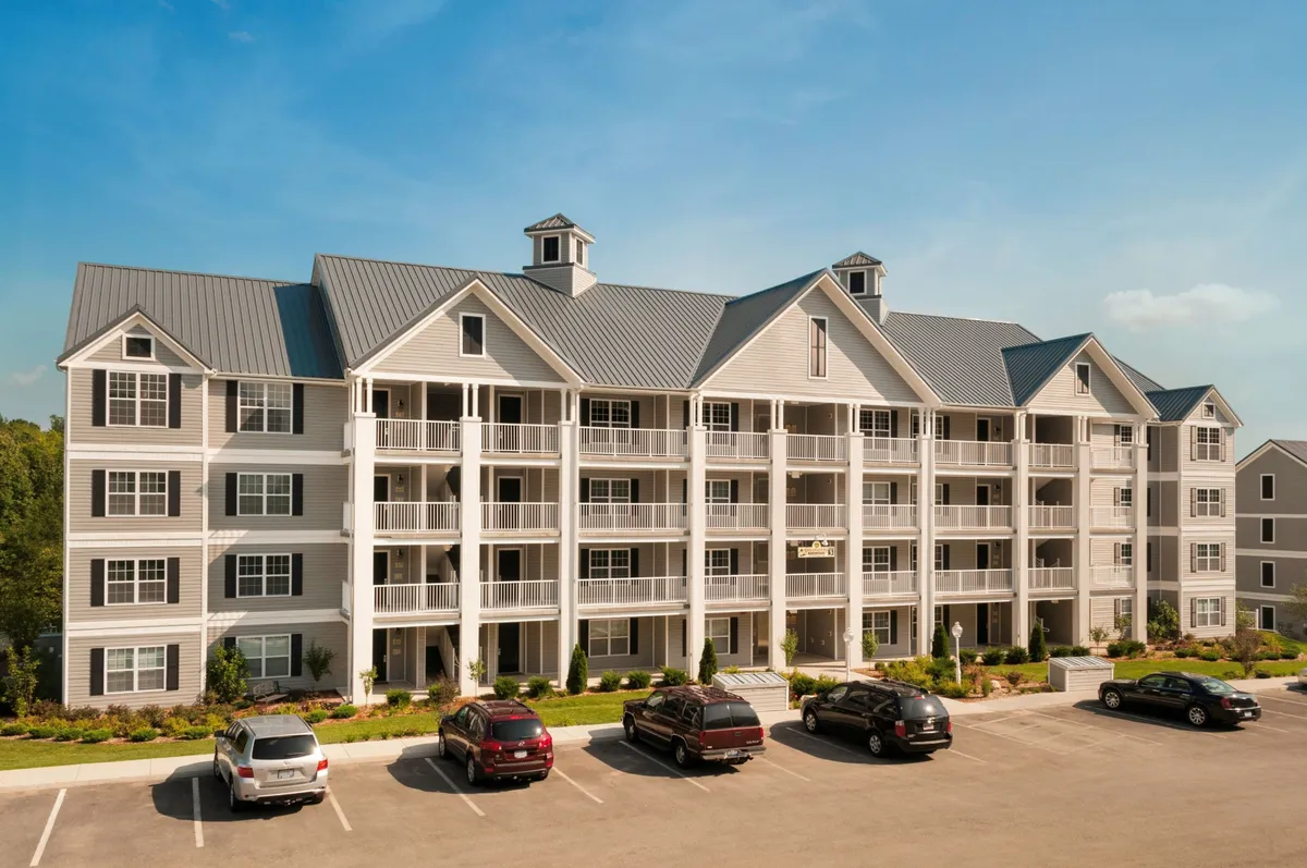 This exterior image captures modern villa architecture with balconies overlooking a landscaped garden. In the foreground, the scene is lively with social gatherings, families enjoying outdoor spaces, and individuals relaxing on the balconies. The garden area is designed for communal activities, with seating areas that invite relaxation and a scenic view likely extending towards recreational amenities.